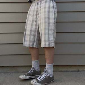 Y2K Dickies Plaid Baggy Shorts, Gray & White Checkered, Men's Size 36